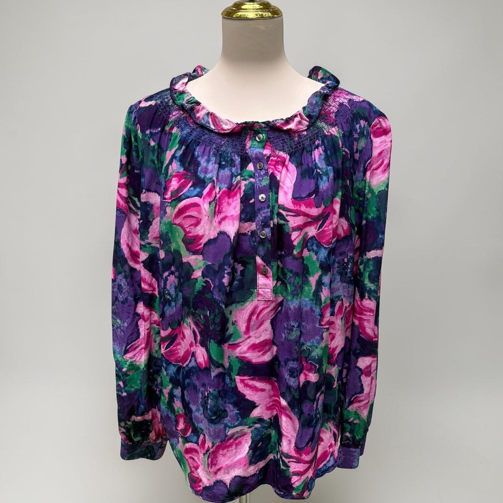 Talbots Floral Blouse XL Purple Pink Smocked Ruffle Neck Watercolor Garden Party